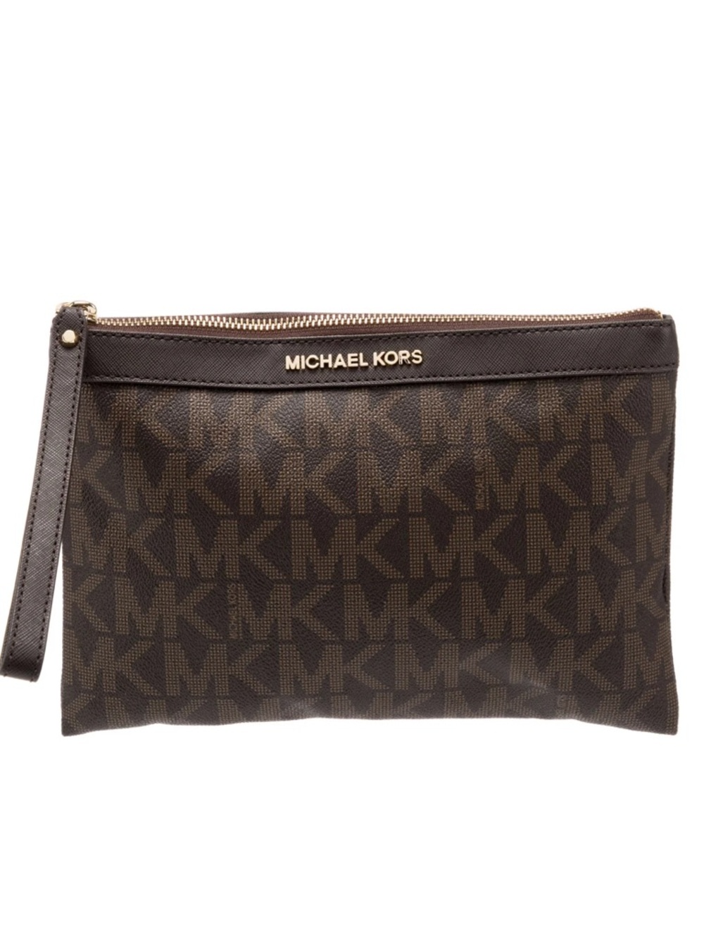 Michael Kors Brown MK Logo Wristlet Pouch with Gold Hardware